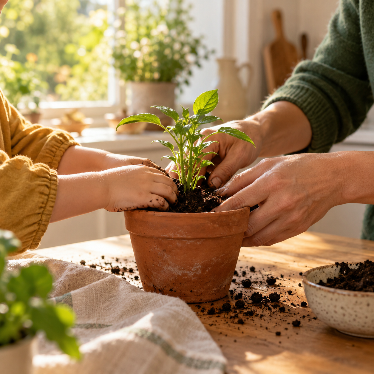 An evocative image of hands caring for a small plant together